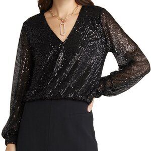 NWT Open Edit Sequin Wrap Top, Black, XS